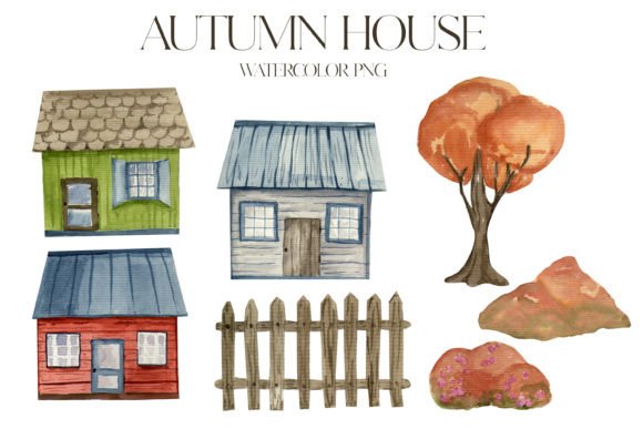 Watercolor Autumn House Clipart Set